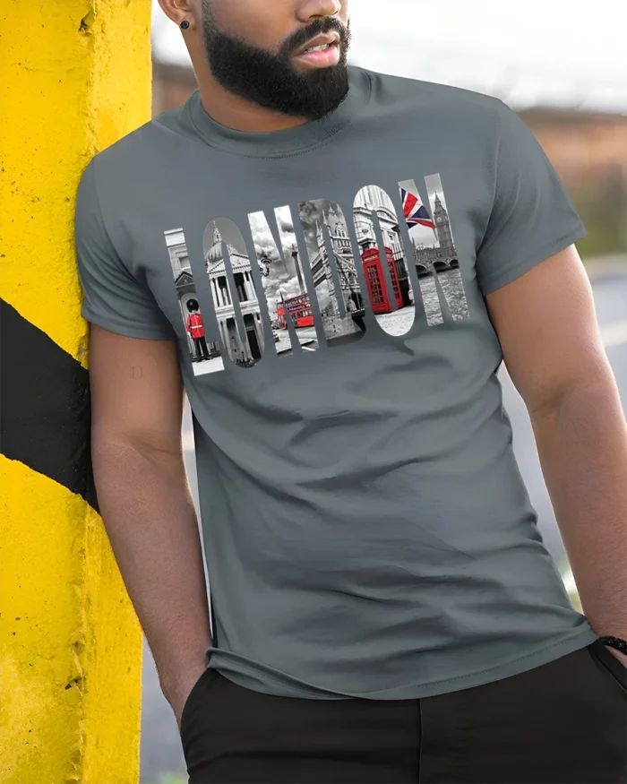 London City T-Shirt Iconic UK Landmarks Graphic - model in grey shirt leaning against column