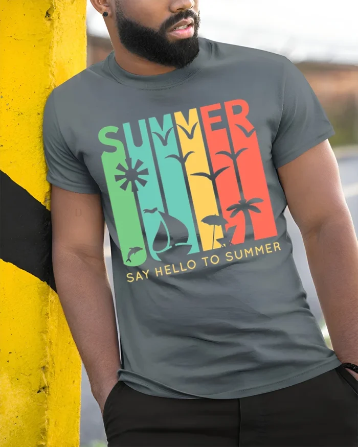 Say Hello to Summer T-Shirt Retro Beach Vibes - model in grey shirt leaning against column