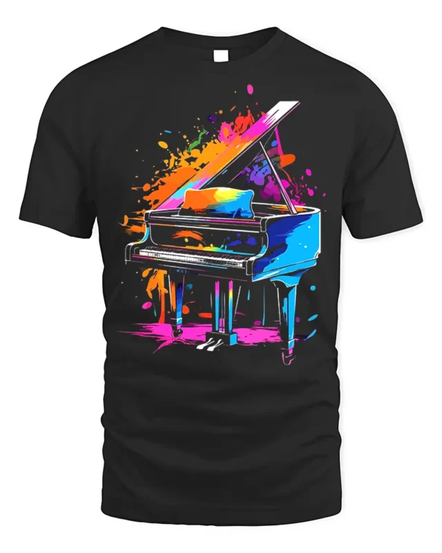 Color Splash Piano Art T-Shirt for Music and Art Lovers - black t-shirt on white background