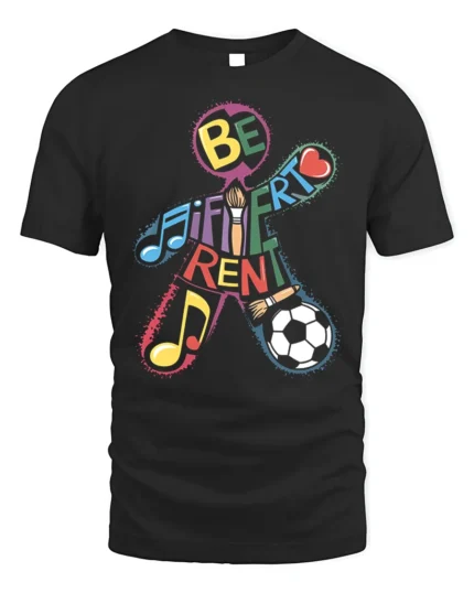 Be Different T-Shirt with Music, Art, and Sports Design - black t-shirt on white background