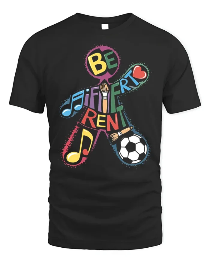 Be Different T-Shirt with Music, Art, and Sports Design - black t-shirt on white background