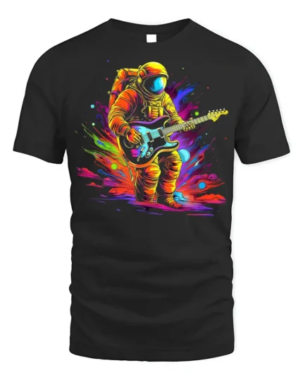 Astronaut Guitar Blast Graphic T-Shirt for Music Lovers - black t-shirt on white background