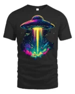 Psychedelic UFO Abduction Graphic T-Shirt for Space Fans - black t-shirt on white background