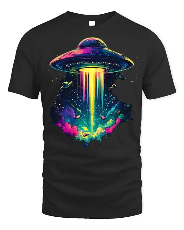 Psychedelic UFO Abduction Graphic T-Shirt for Space Fans - black t-shirt on white background