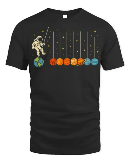 Astronaut Swinging on Planets Funny Space T-Shirt for Adults - black t-shirt on white background