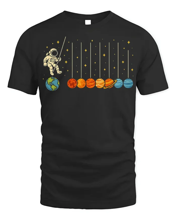 Astronaut Swinging on Planets Funny Space T-Shirt for Adults - black t-shirt on white background