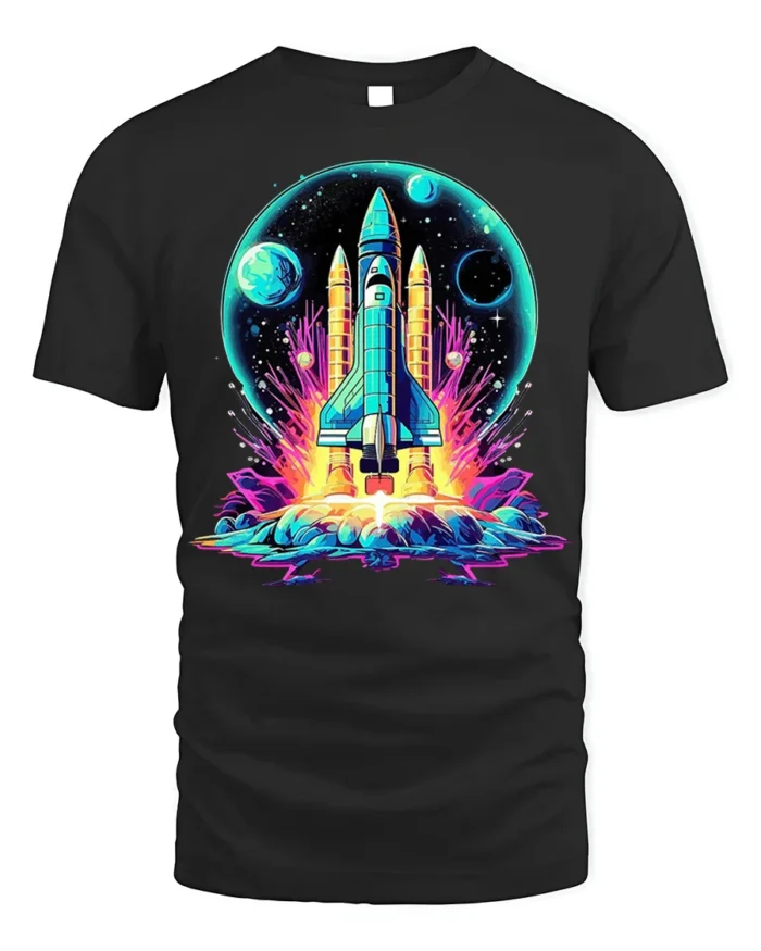 Retro Neon Rocket Launch Graphic T-Shirt for Space Lovers - black t-shirt on white background