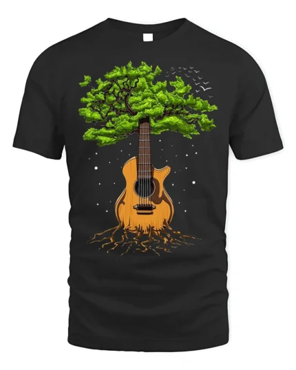 Tree Guitar Nature Music Graphic T-Shirt for Music Lovers - black t-shirt on white background