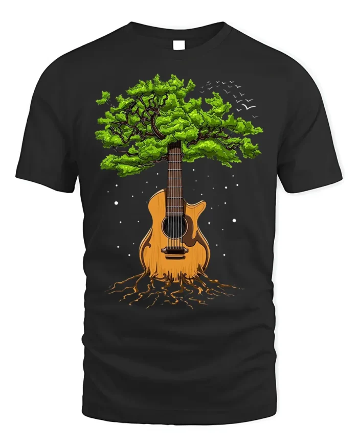 Tree Guitar Nature Music Graphic T-Shirt for Music Lovers - black t-shirt on white background
