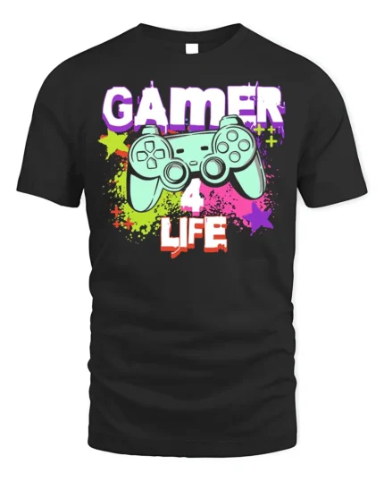 Gamer 4 Life Retro Controller Graphic T-Shirt for Gamers - black t-shirt on white background