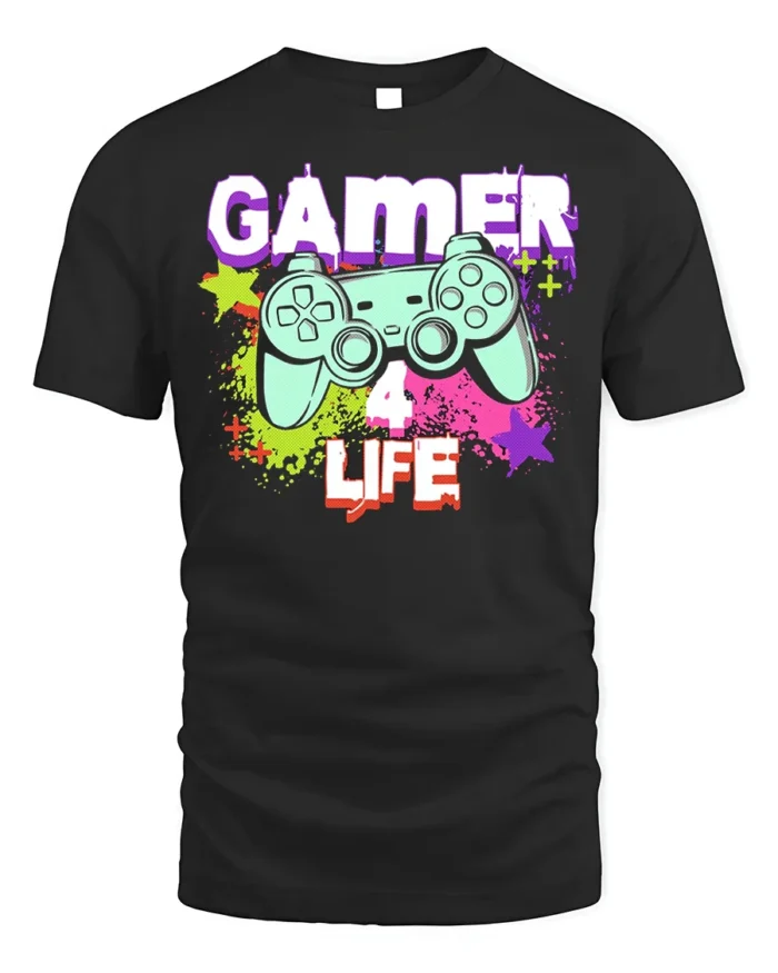 Gamer 4 Life Retro Controller Graphic T-Shirt for Gamers - black t-shirt on white background