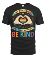 Be Kind Rainbow Heart Pride T-Shirt with Positive Message - black t-shirt on white background
