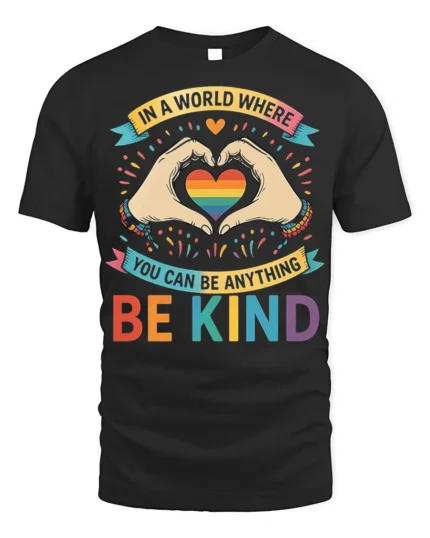 Be Kind Rainbow Heart Pride T-Shirt with Positive Message - black t-shirt on white background