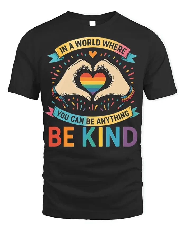 Be Kind Rainbow Heart Pride T-Shirt with Positive Message - black t-shirt on white background