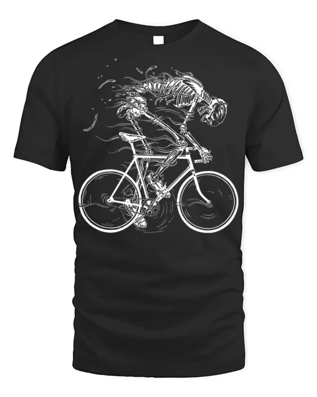 Skeleton Riding Bike T-Shirt for Cyclists and Gothic Fans - black t-shirt on white background