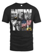 New York City Skyline T-Shirt with Statue and Flag Design - black t-shirt on white background
