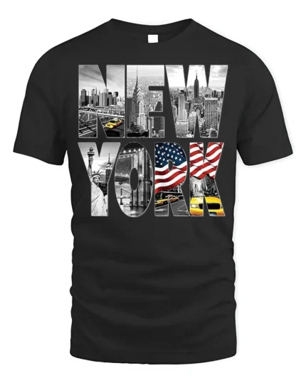 New York City Skyline T-Shirt with Statue and Flag Design - black t-shirt on white background