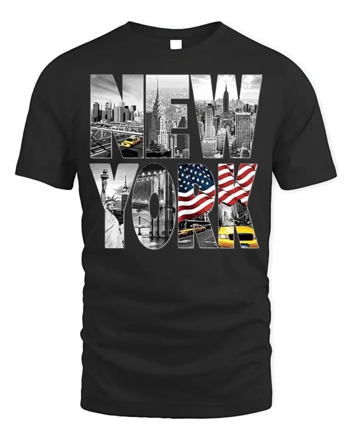 New York City Skyline T-Shirt with Statue and Flag Design - black t-shirt on white background