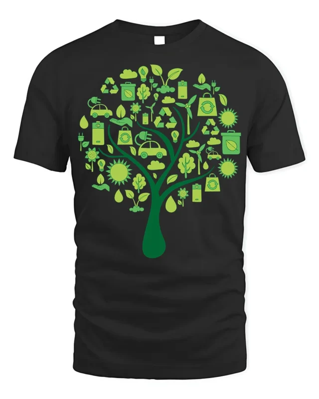 Eco Tree T-Shirt with Green Energy and Sustainability Icons - black t-shirt on white background