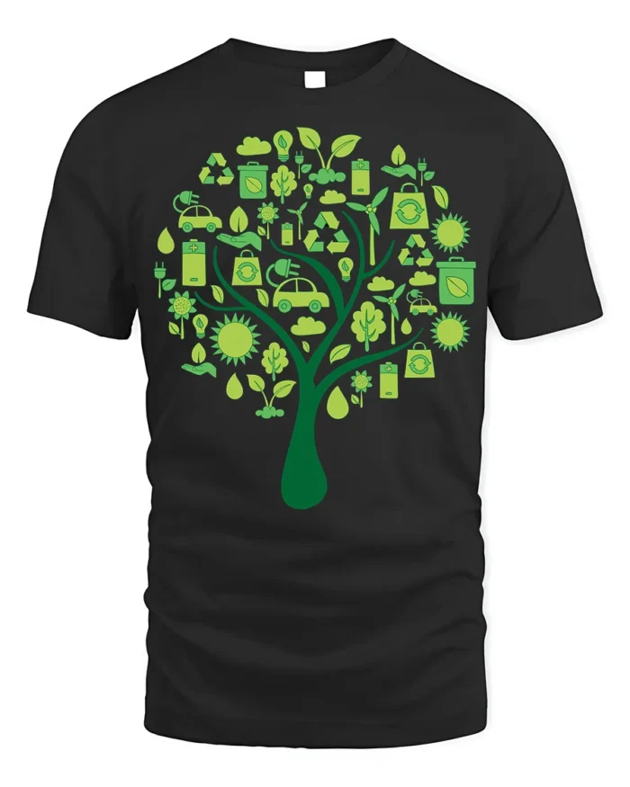 Eco Tree T-Shirt with Green Energy and Sustainability Icons - black t-shirt on white background