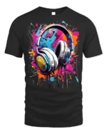 Colorful Headphones T-Shirt for Music Lovers and DJs - black t-shirt on white background