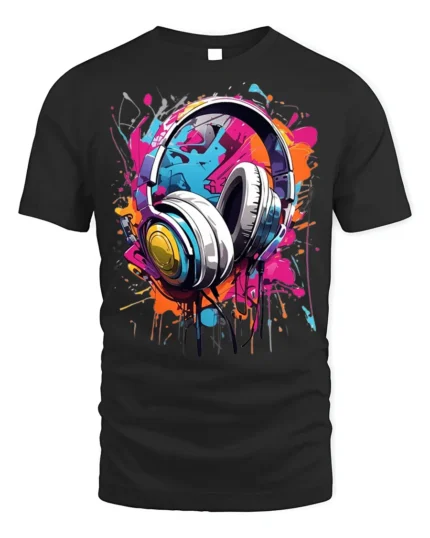 Colorful Headphones T-Shirt for Music Lovers and DJs - black t-shirt on white background