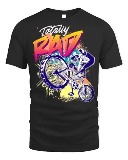 Totally Rad BMX Trick T-Shirt with 80s Retro Vibe Design - black t-shirt on white background