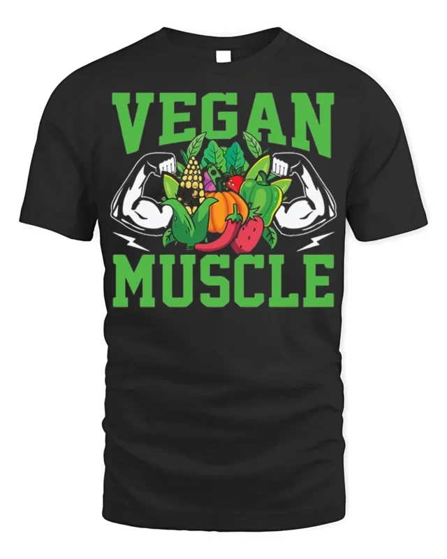 Vegan Muscle T-Shirt with Bold Veggie and Fitness Design - black t-shirt on white background