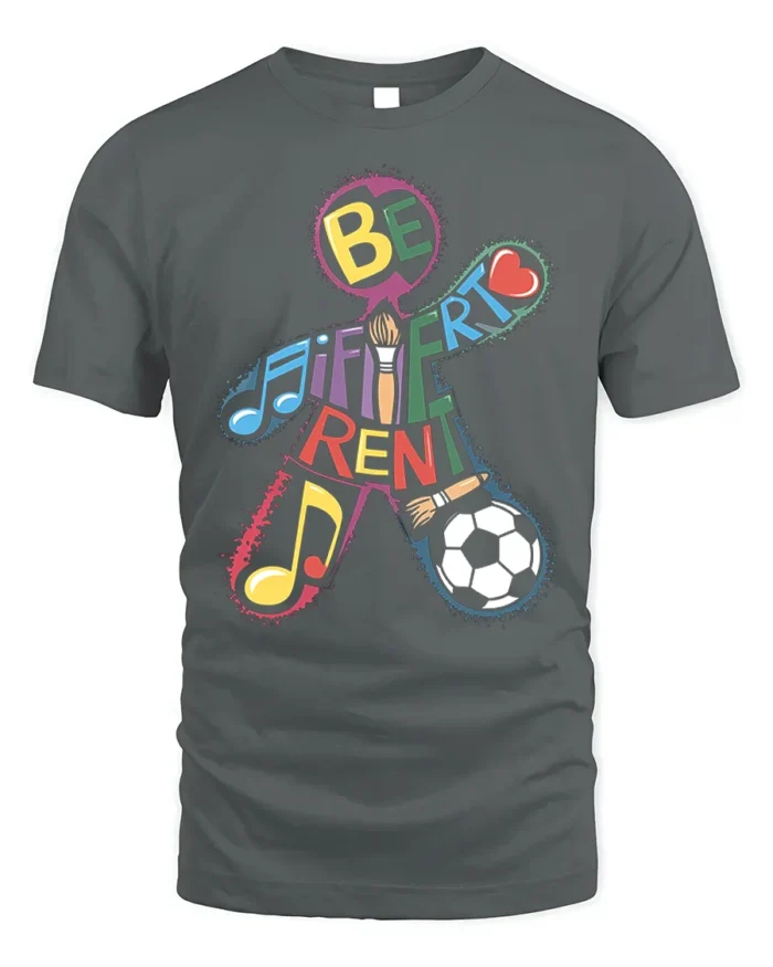 Be Different T-Shirt with Music, Art, and Sports Design - gray t-shirt on white background