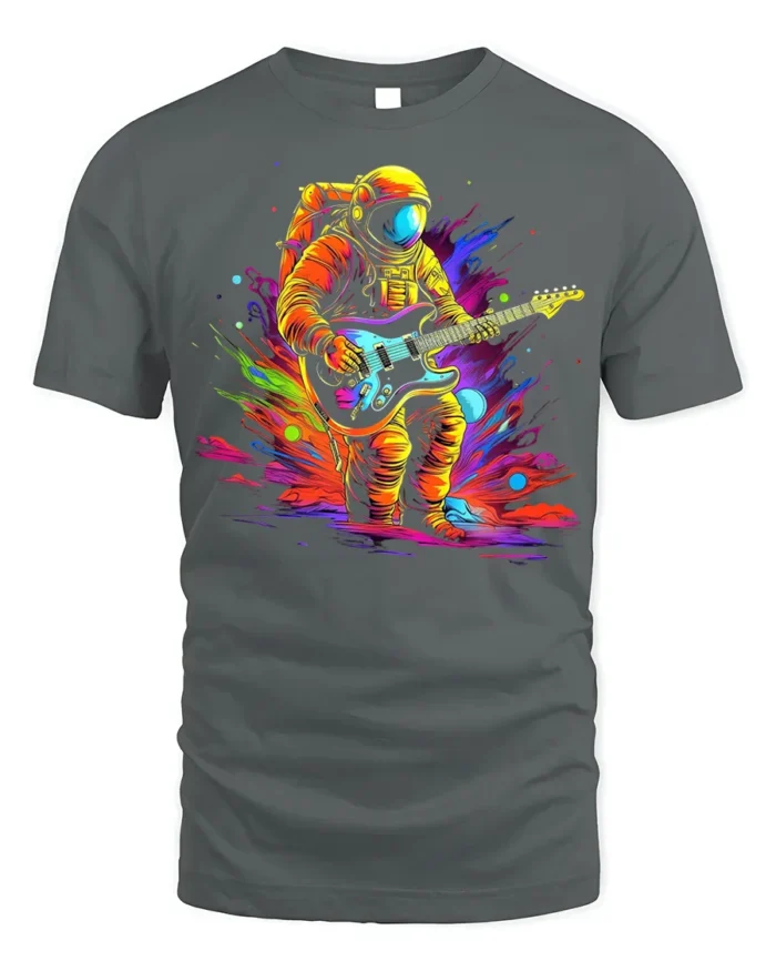 Astronaut Guitar Blast Graphic T-Shirt for Music Lovers - gray t-shirt on white background