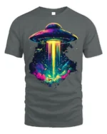 Psychedelic UFO Abduction Graphic T-Shirt for Space Fans - gray t-shirt on white background