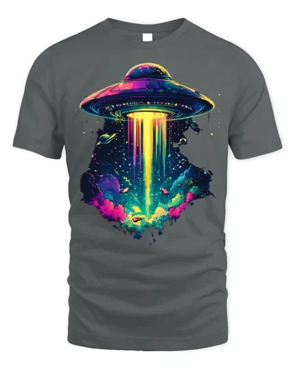 Psychedelic UFO Abduction Graphic T-Shirt for Space Fans - gray t-shirt on white background