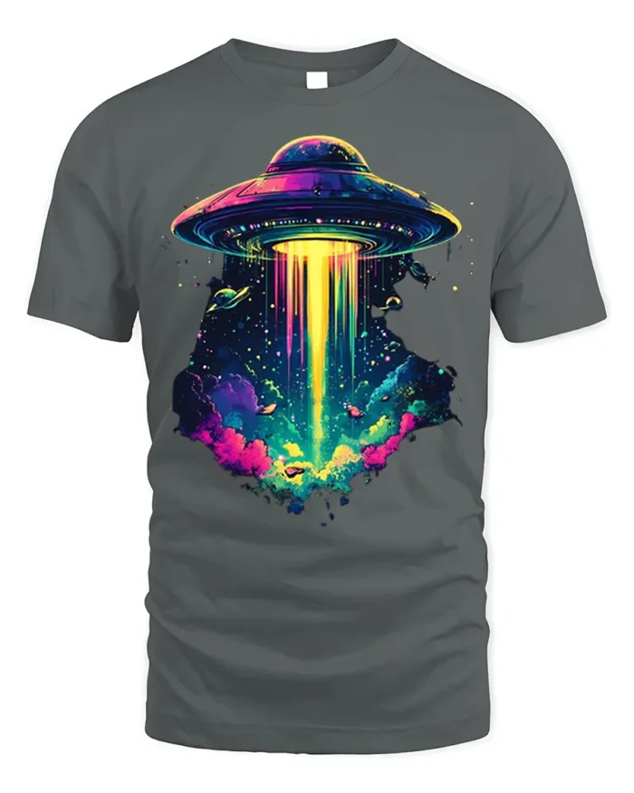 Psychedelic UFO Abduction Graphic T-Shirt for Space Fans - gray t-shirt on white background