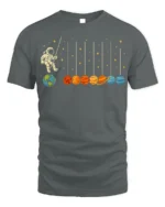 Astronaut Swinging on Planets Funny Space T-Shirt for Adults - gray t-shirt on white background