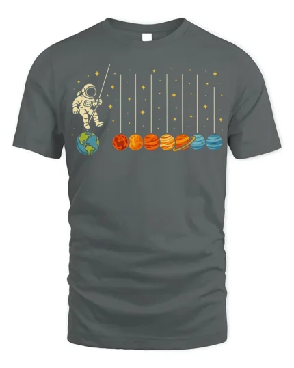 Astronaut Swinging on Planets Funny Space T-Shirt for Adults - gray t-shirt on white background