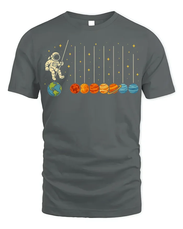 Astronaut Swinging on Planets Funny Space T-Shirt for Adults - gray t-shirt on white background
