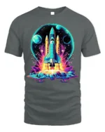 Retro Neon Rocket Launch Graphic T-Shirt for Space Lovers - gray t-shirt on white background