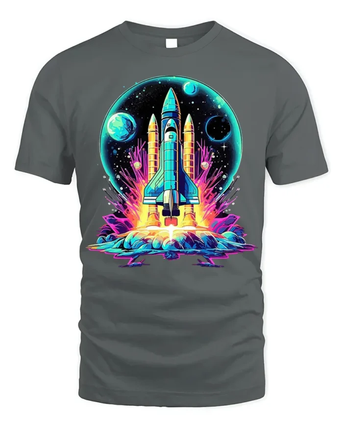 Retro Neon Rocket Launch Graphic T-Shirt for Space Lovers - gray t-shirt on white background