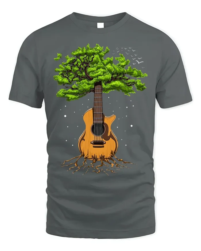 Tree Guitar Nature Music Graphic T-Shirt for Music Lovers - gray t-shirt on white background