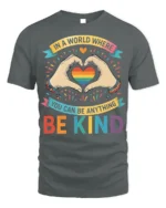 Be Kind Rainbow Heart Pride T-Shirt with Positive Message - gray t-shirt on white background