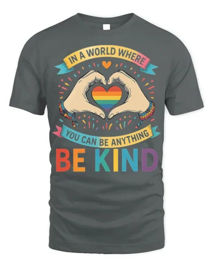Be Kind Rainbow Heart Pride T-Shirt with Positive Message - gray t-shirt on white background