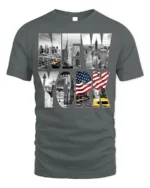 New York City Skyline T-Shirt with Statue and Flag Design - gray t-shirt on white background