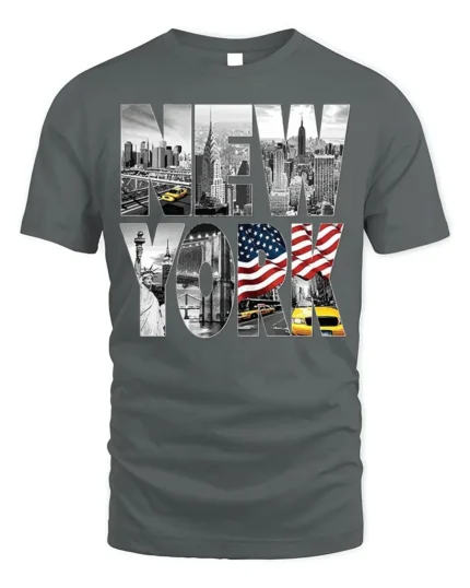 New York City Skyline T-Shirt with Statue and Flag Design - gray t-shirt on white background