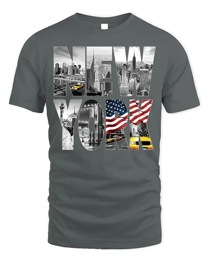 New York City Skyline T-Shirt with Statue and Flag Design - gray t-shirt on white background