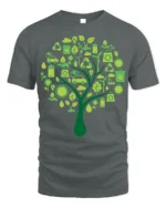 Eco Tree T-Shirt with Green Energy and Sustainability Icons - gray t-shirt on white background
