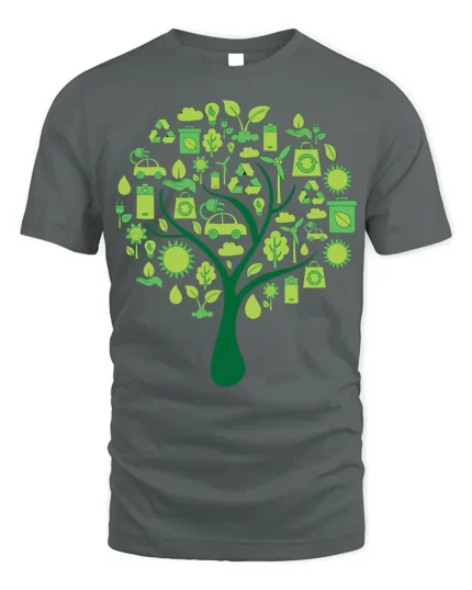 Eco Tree T-Shirt with Green Energy and Sustainability Icons - gray t-shirt on white background