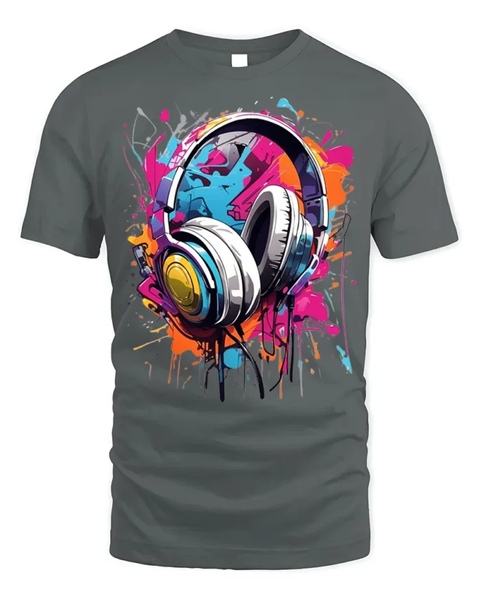 Colorful Headphones T-Shirt for Music Lovers and DJs - gray t-shirt on white background