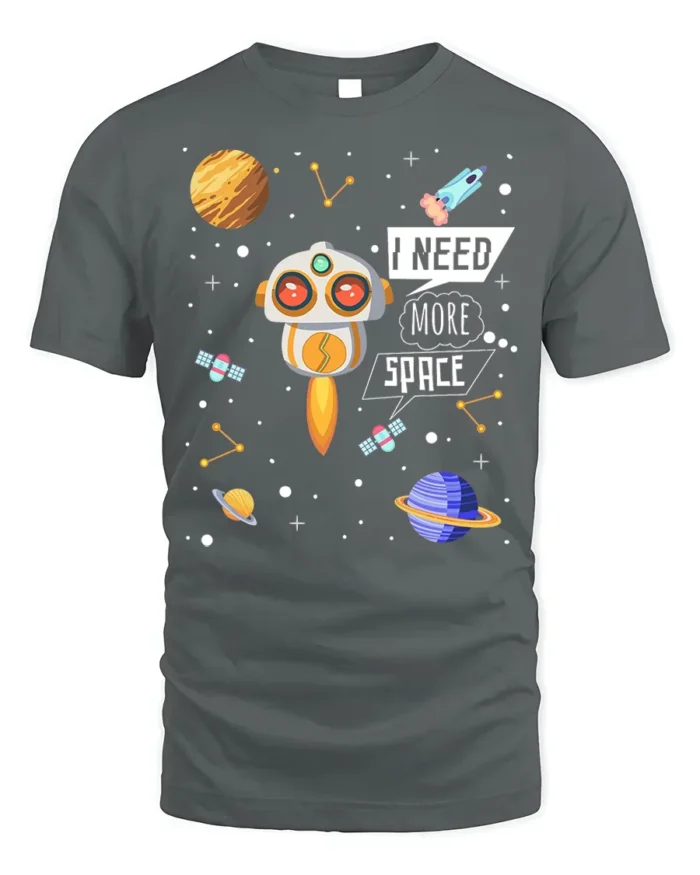 I Need More Space T-Shirt with Cute Robot and Planets - gray t-shirt on white background
