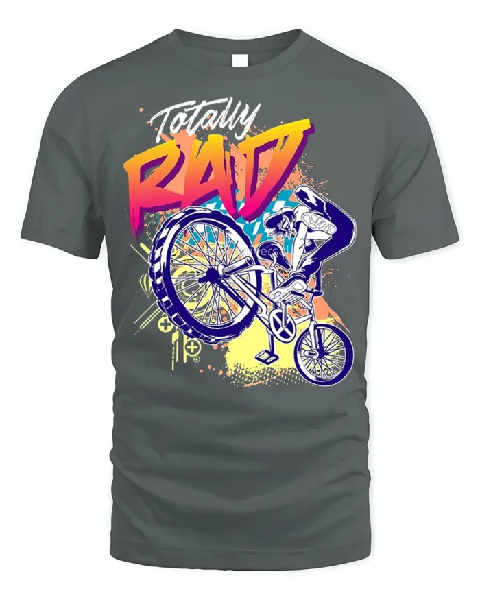 Totally Rad BMX Trick T-Shirt with 80s Retro Vibe Design - gray t-shirt on white background