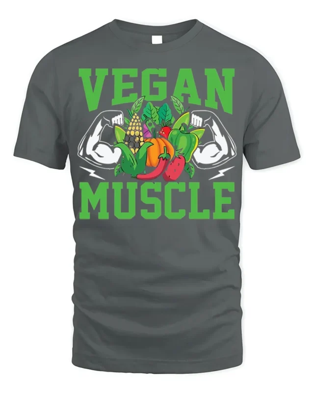 Vegan Muscle T-Shirt with Bold Veggie and Fitness Design - gray t-shirt on white background